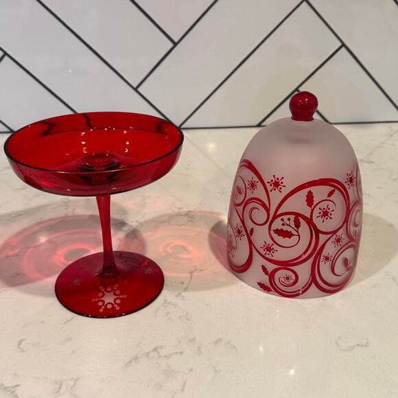 Vintage scroll red frosted glass mini cloches bell jars red stand Christmas rare - Picture 4 of 12